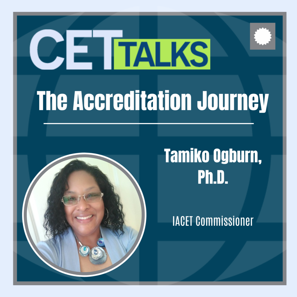 CET Talks podcast episode 11 featuring Tamiko Ogburn of the City of Detroit. Tamiko is pictured on the bottom left of the graphic. The episode title, “The Accreditation Journey” is in the center of the graphic.